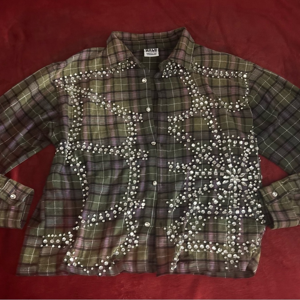 VALE Embellished Plaid Button-Up Shirt in Olive and Purple - Picture 5 of 8